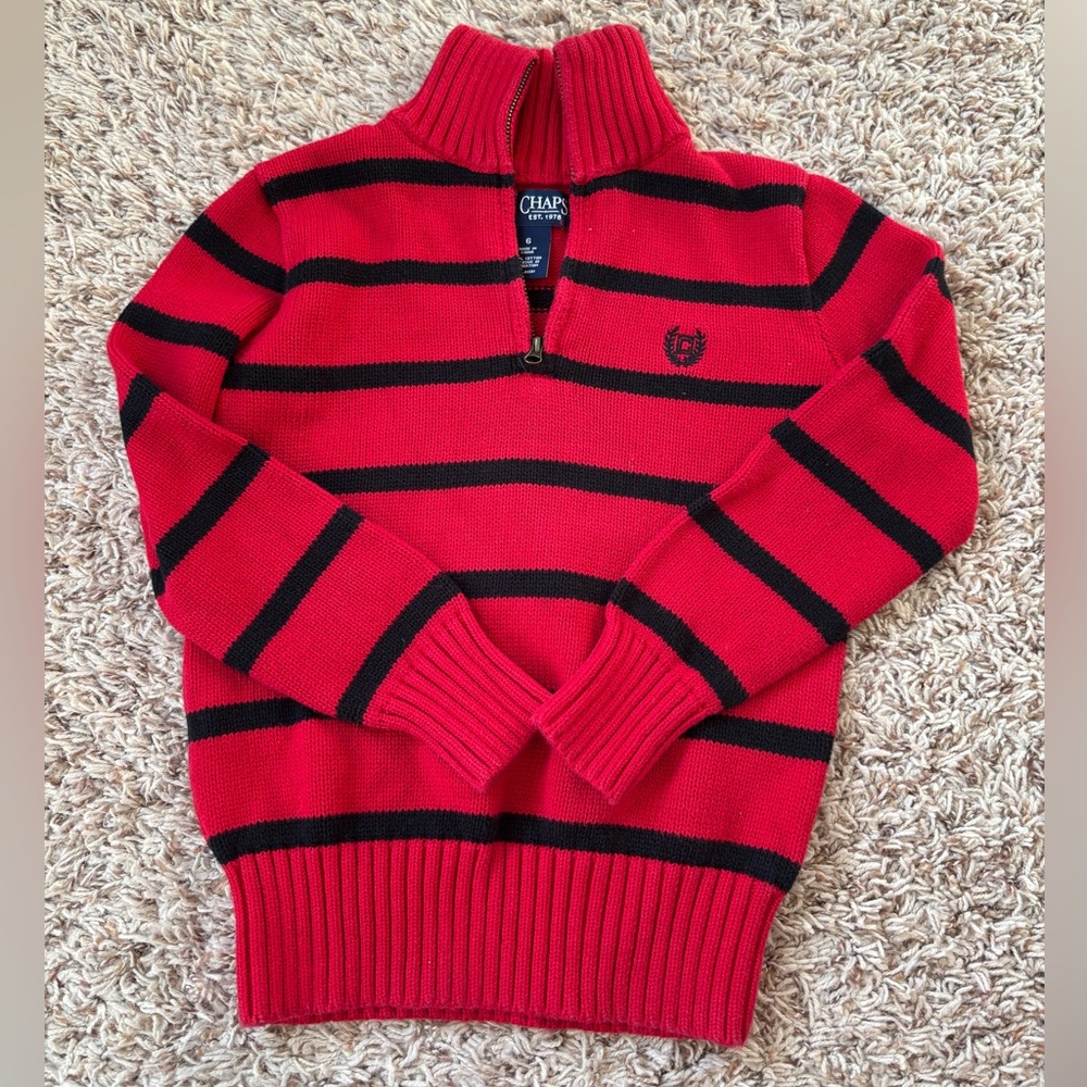 Chaps Red and Black Striped Knit Quarter Zip Pullover Size 6